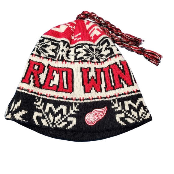 Reebok Detroit Red Wings NHL Knit Beanie Hat Braided Tassels Cap - Picture 1 of 9